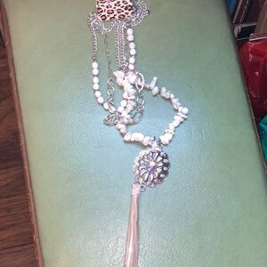 Silver and White Beaded Necklace with Tassel